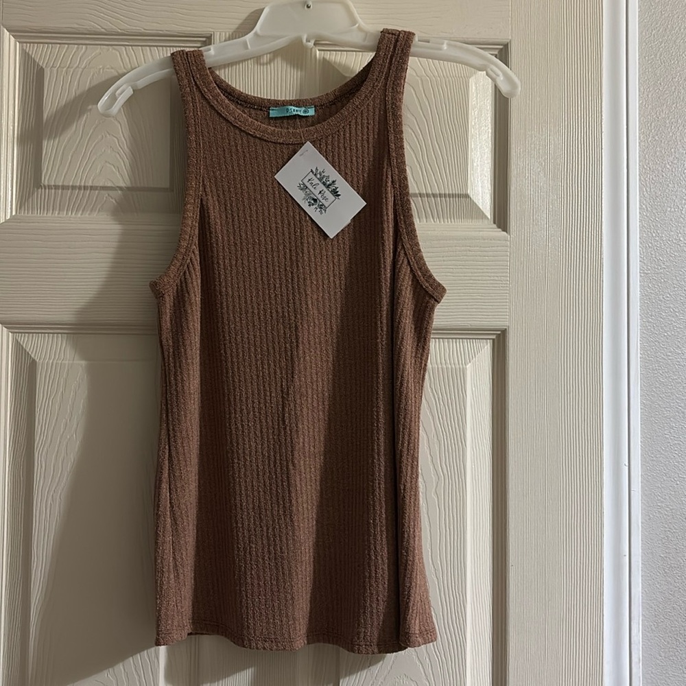 Brown Ribbed Fitted Tank Top